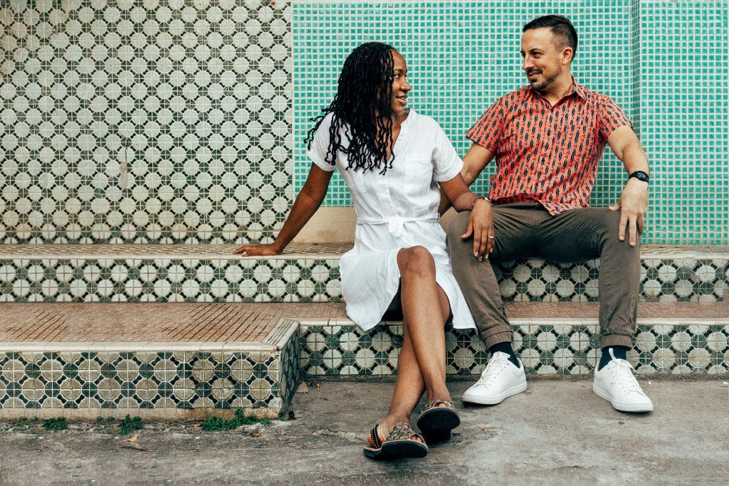 man and woman in sun at couple photoshoot in bangkok